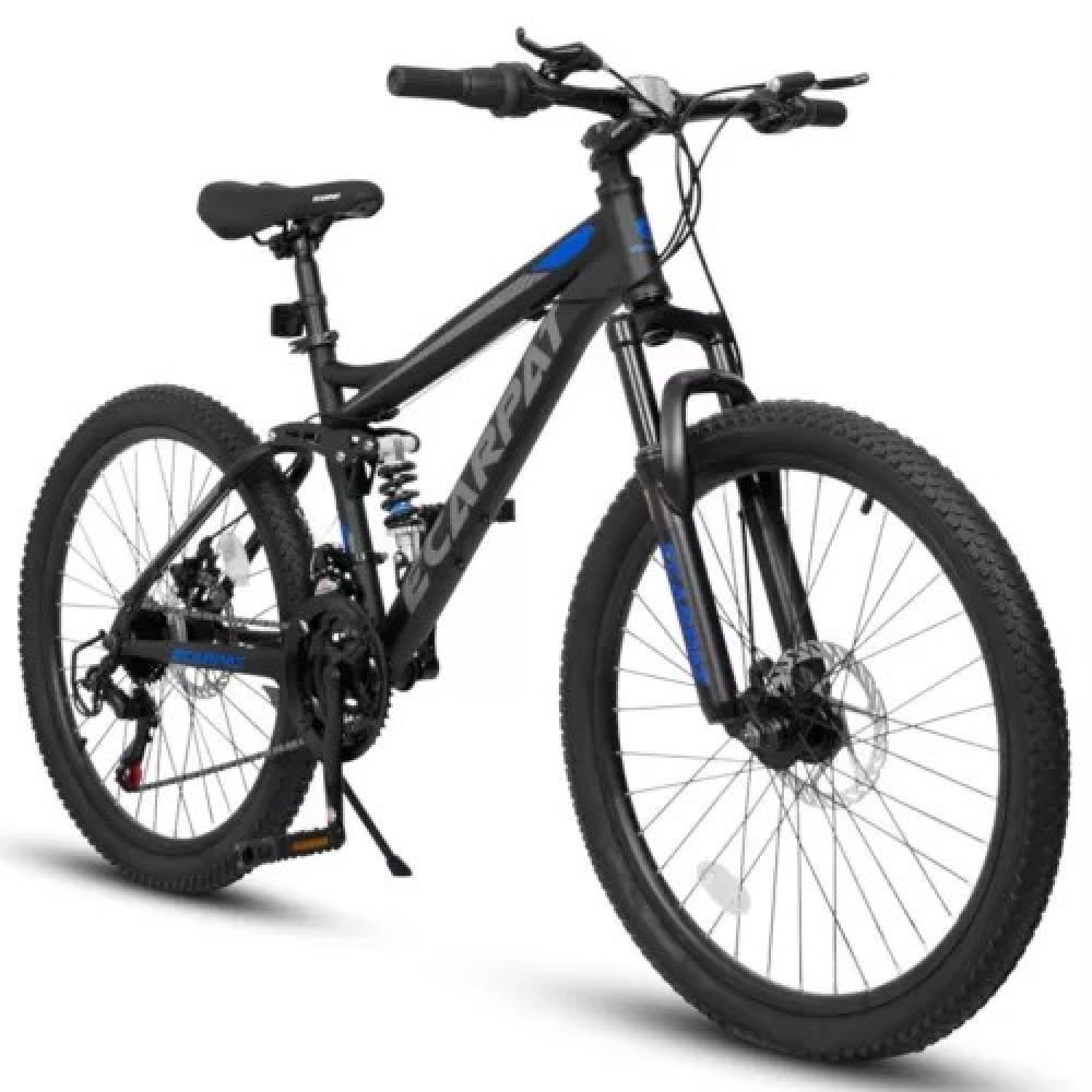 24 inch Mountain Bike 21 Speed Dual Disc Brakes Full Suspension Non-slip-Black