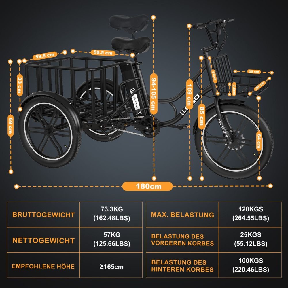 ELEKGO 20 Zoll E Bike Dreirad, 48V 18AH abnehmbare Batterie, Reichweite bis zu 40-60Km Lastenrad 