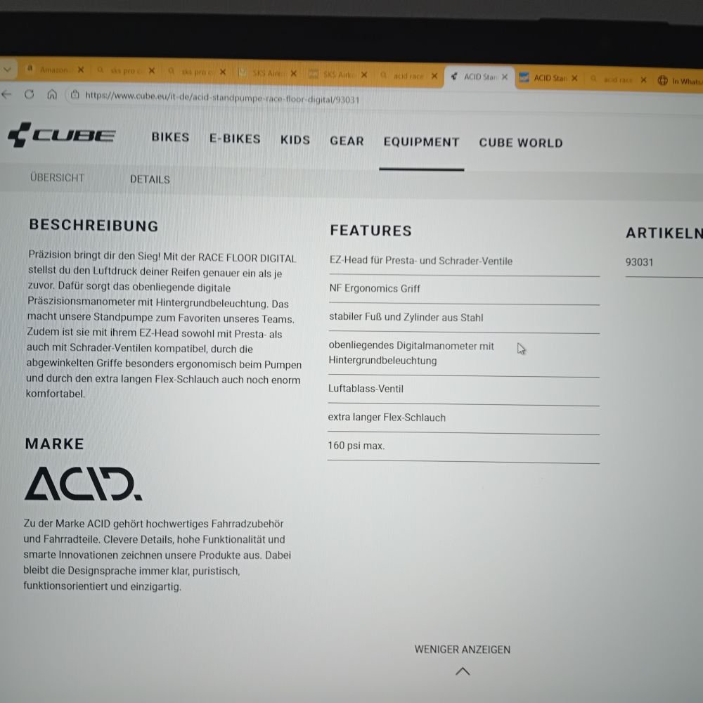 Fahrradpumpe ACID RACE FLOOR DIGITAL für Französisches Ventil und Autoventil